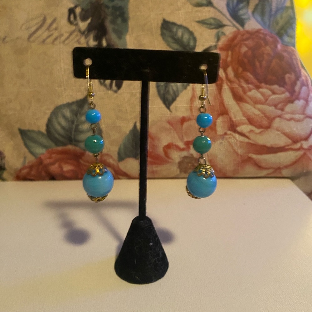 New Chic Turquoise and Gold Beaded Earrings